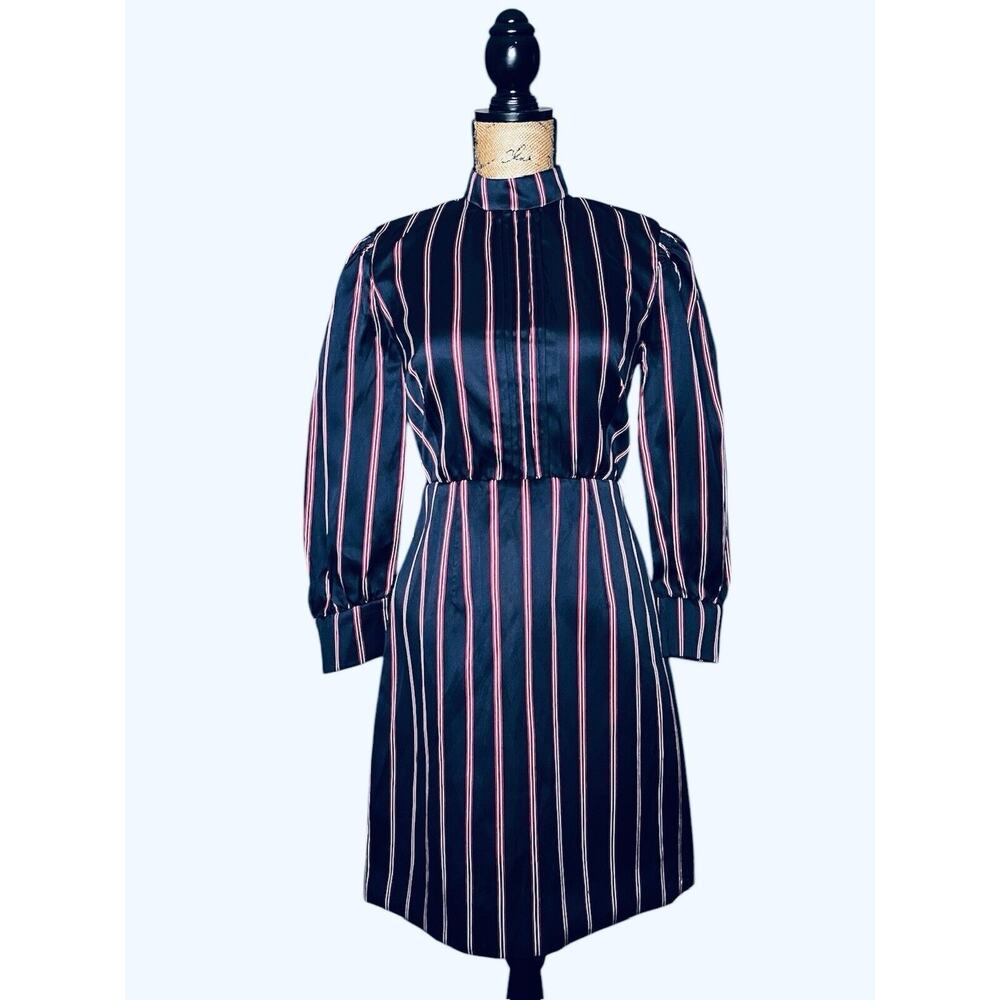 SANDRO PARIS NAVY BLUE RED WHITE STRIPED SATIN ALINE DRESS SZ 36 EU / XS / 0 NWT